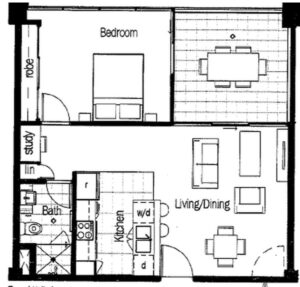 FLOOR PLAN- 1 Bedroom Fully Furnished Apartment Portside Wharf, Hamilton-primeestategroup.com.au